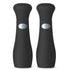 Two black salt and pepper shakers with silver Weber labels 