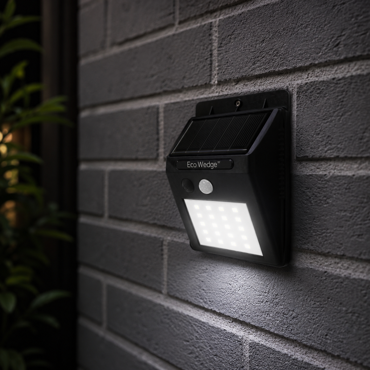 Solar-powered outdoor light fixture on a brick wall