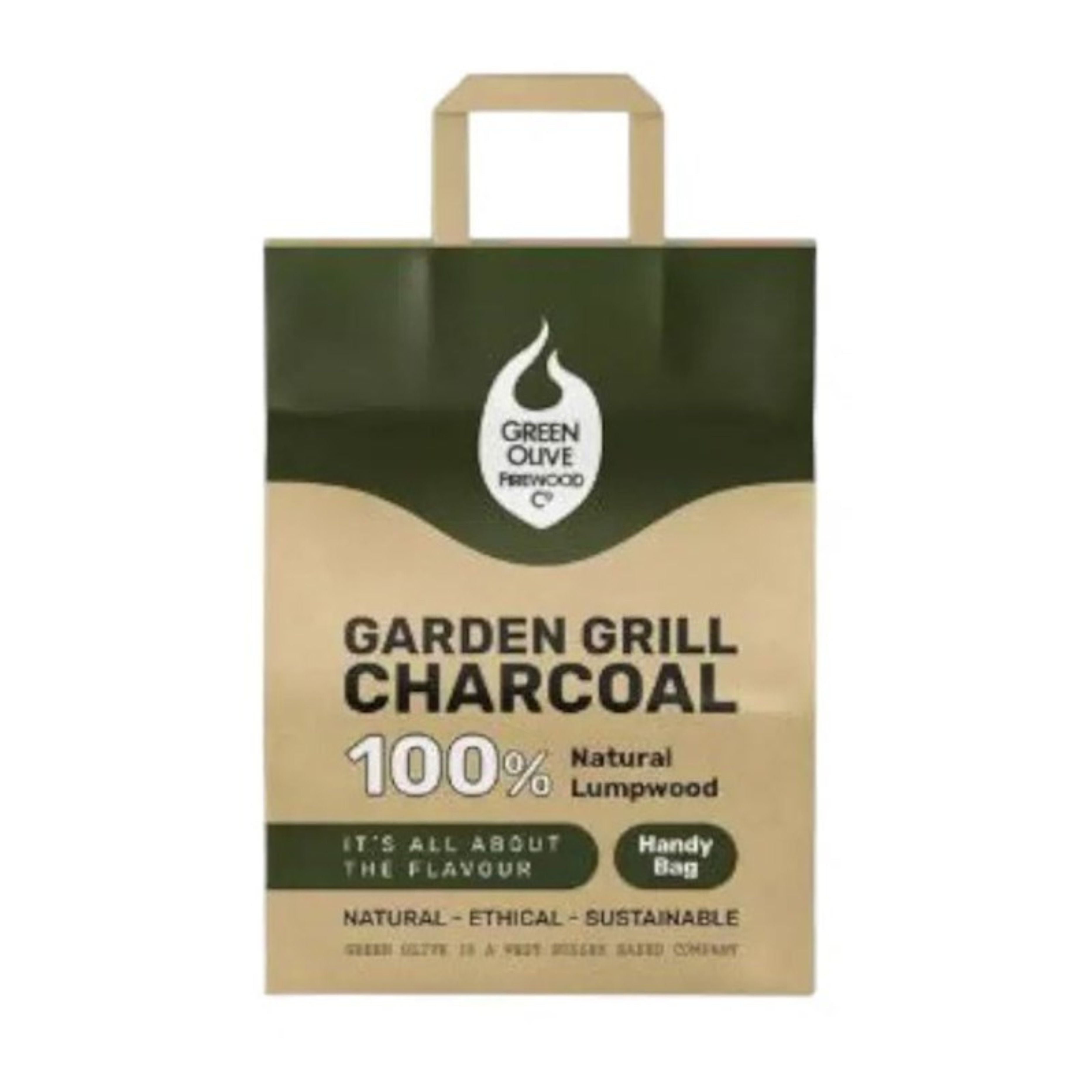 Bag of Garden Grill Charcoal with Green Olive logo on a white background