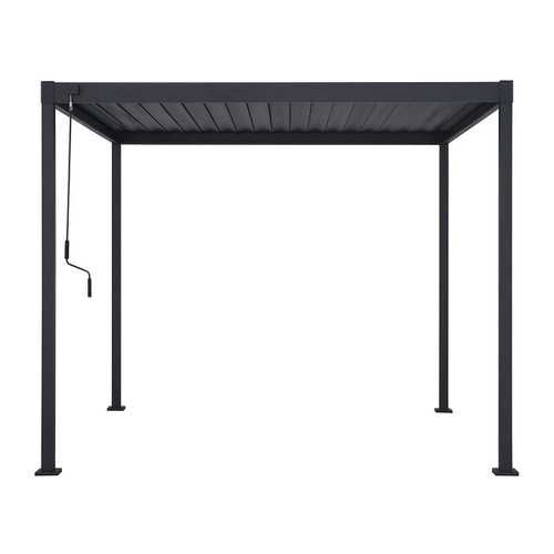 Black metal pergola structure on a white background