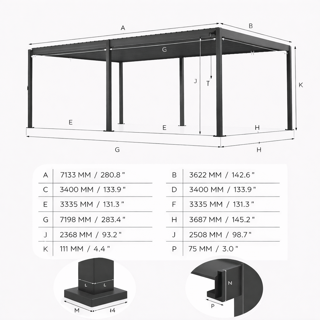 Measurement chart of a black metal frame structure with dimensions labeled.
