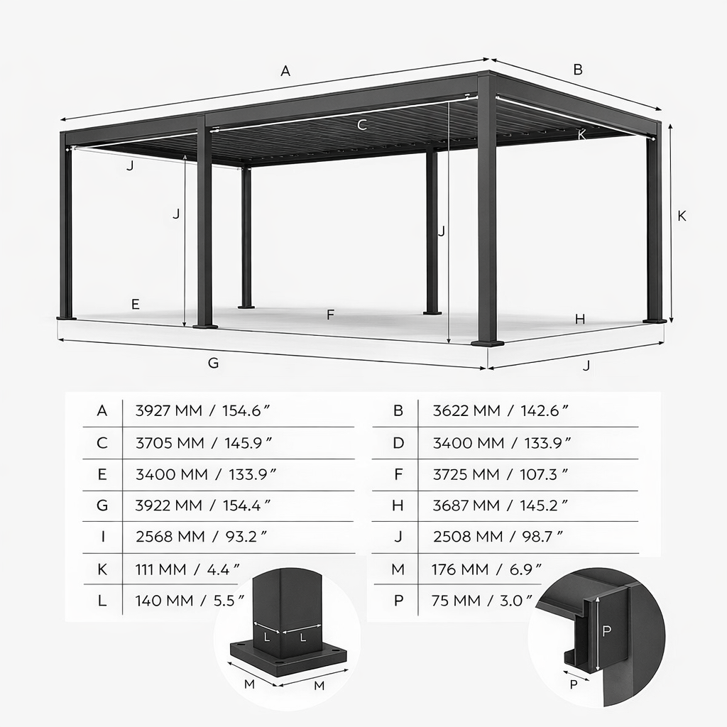 ENJOi Leo Aluminium Rectangular Pergola Pebble - 4m x 3.6m