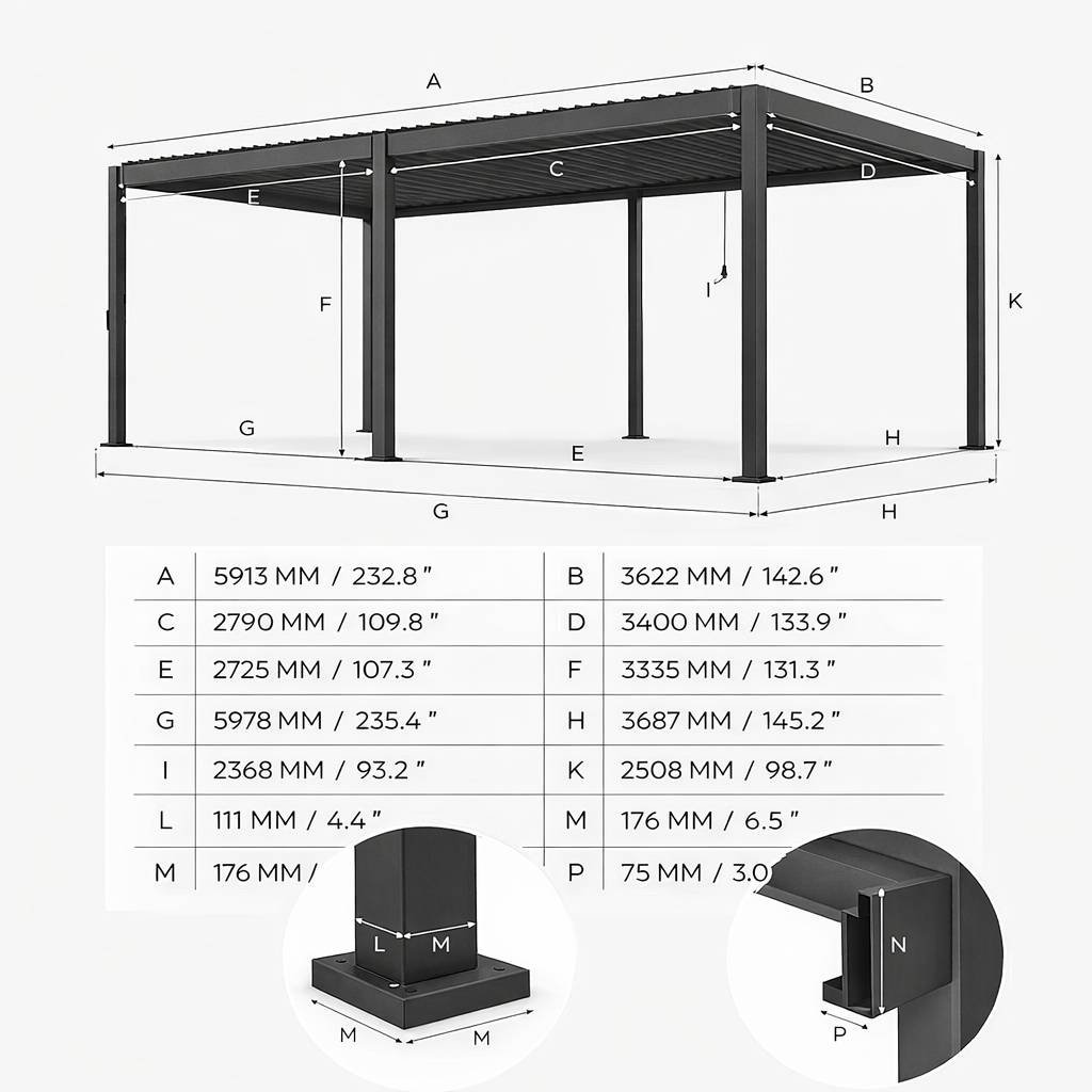 ENJOi Leo Aluminium Rectangular Pergola Pebble - 7.2m x 3.6m
