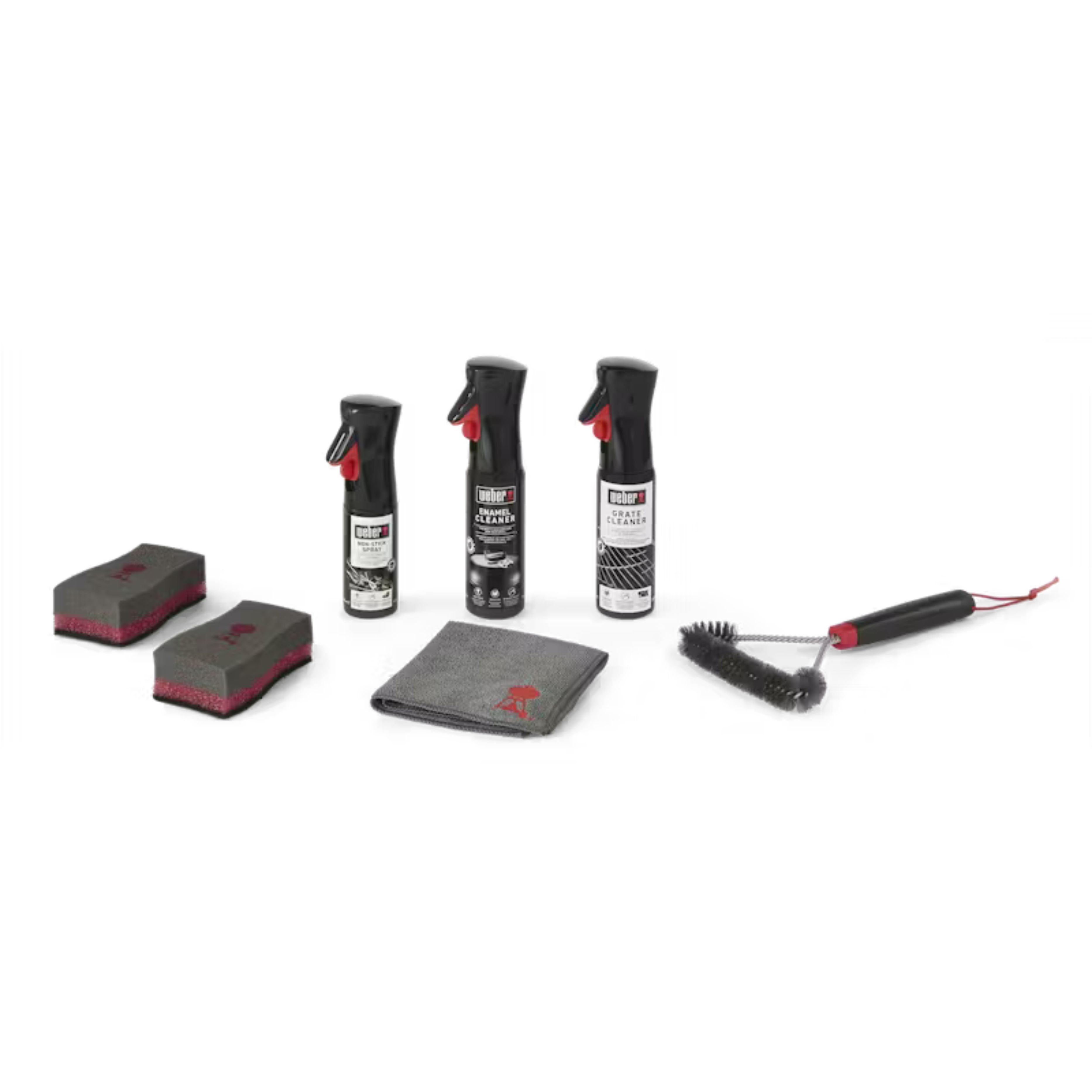 Set of cleaning tools including spray bottles, a brush, and cloths for Weber Cleaning Kit For Charcoal Grills
