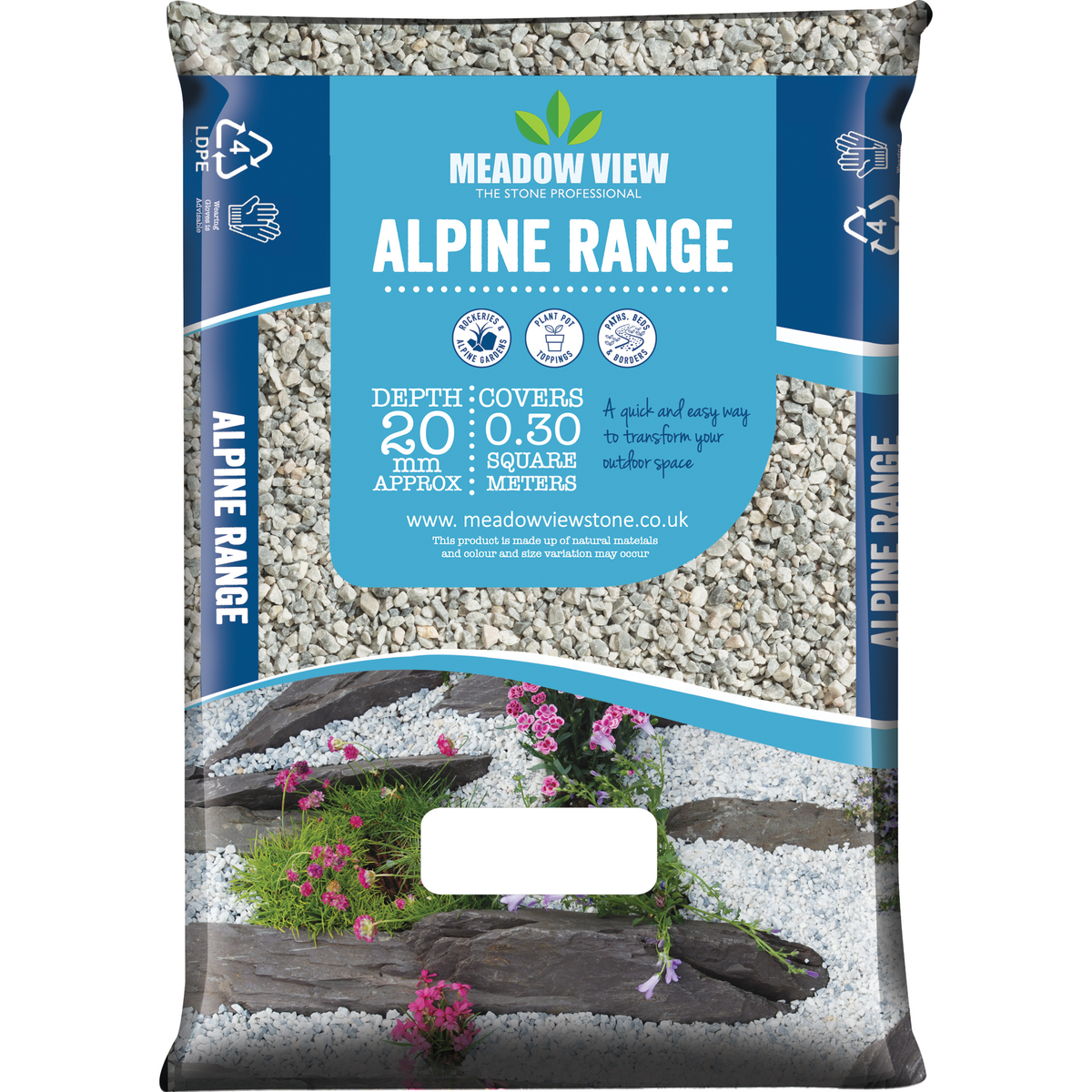 Bag of Meadow View Alpine Range gravel with branding and product details.