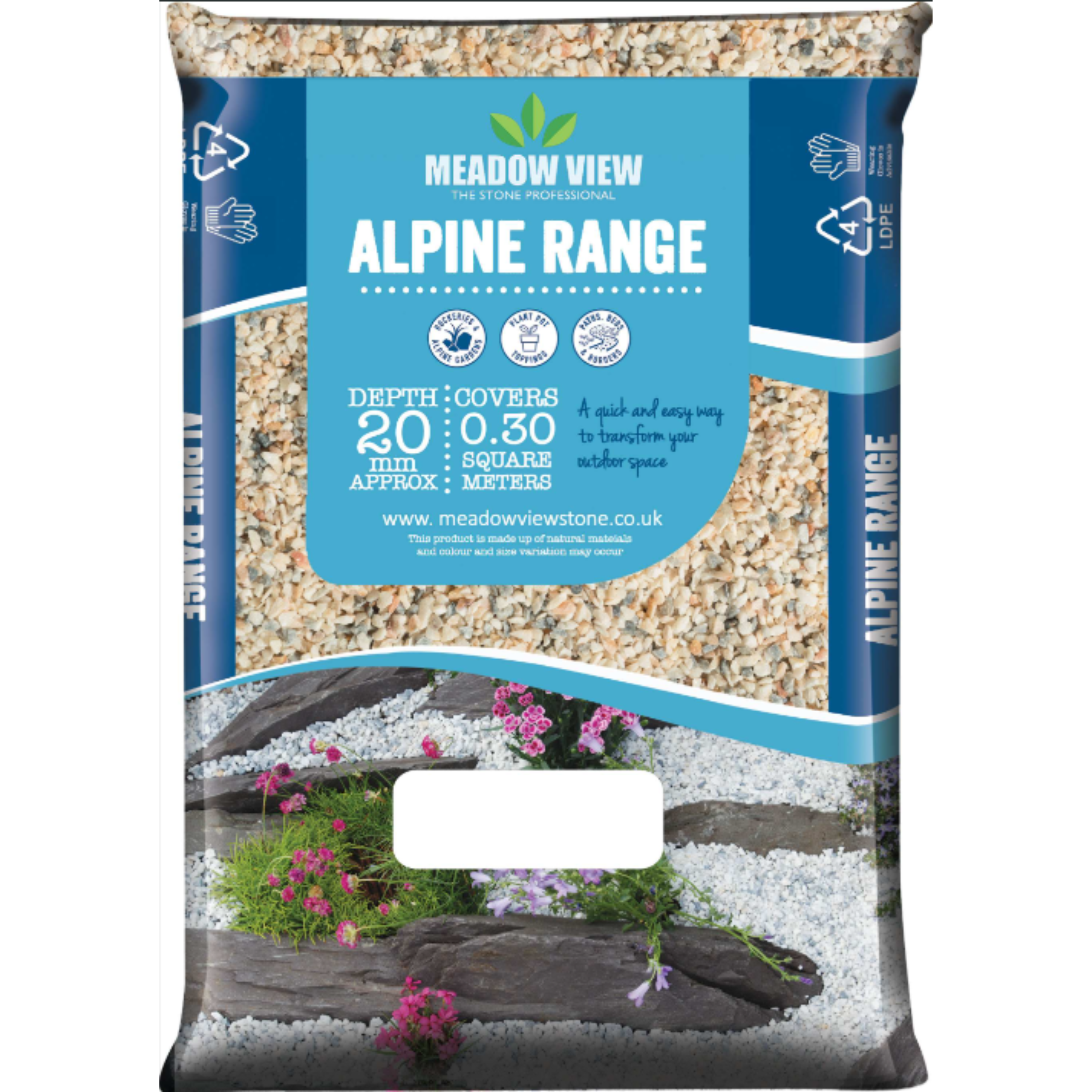 Bag of Meadow View stone with branding and product details on a white background