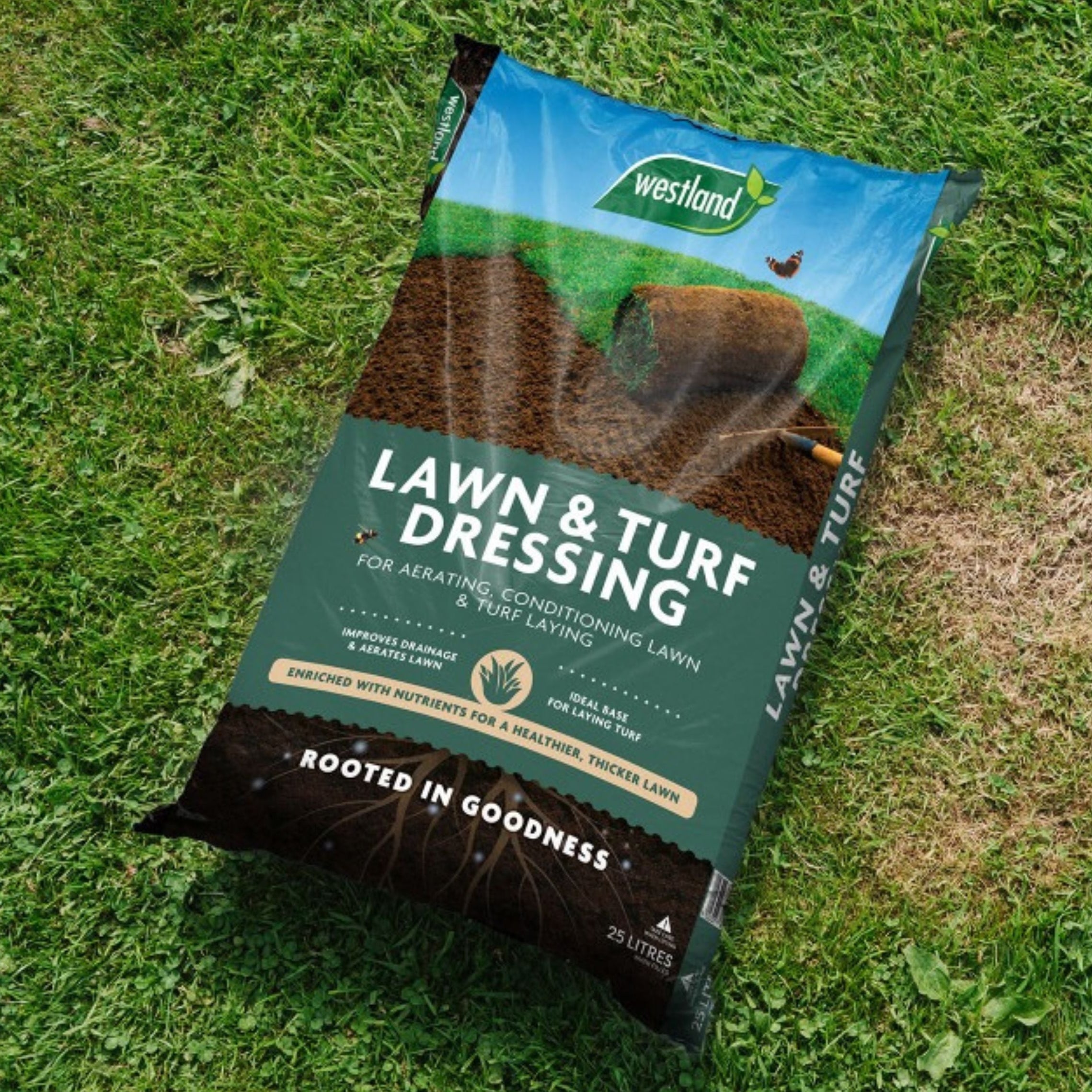 Bag of Westland Lawn & Turf Dressing on grass