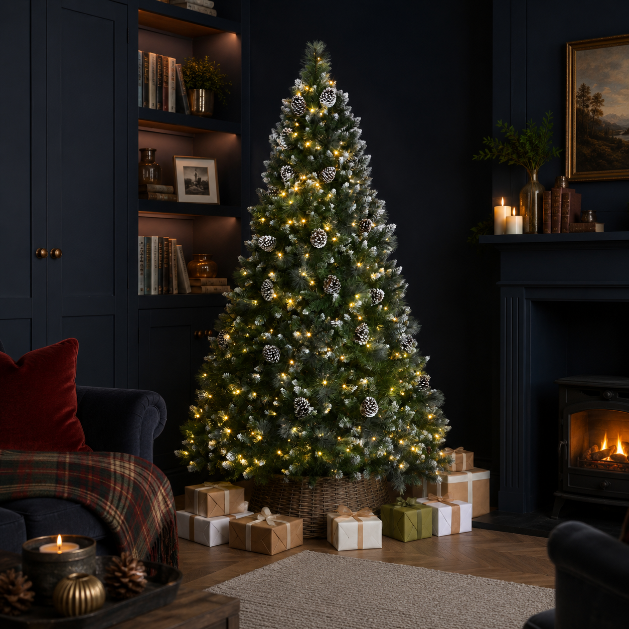 8ft Pre-Lit White Tip Pine Christmas Tree with Pinecones