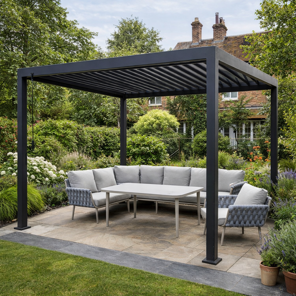 Patio area with pergola, outdoor furniture, and garden setting